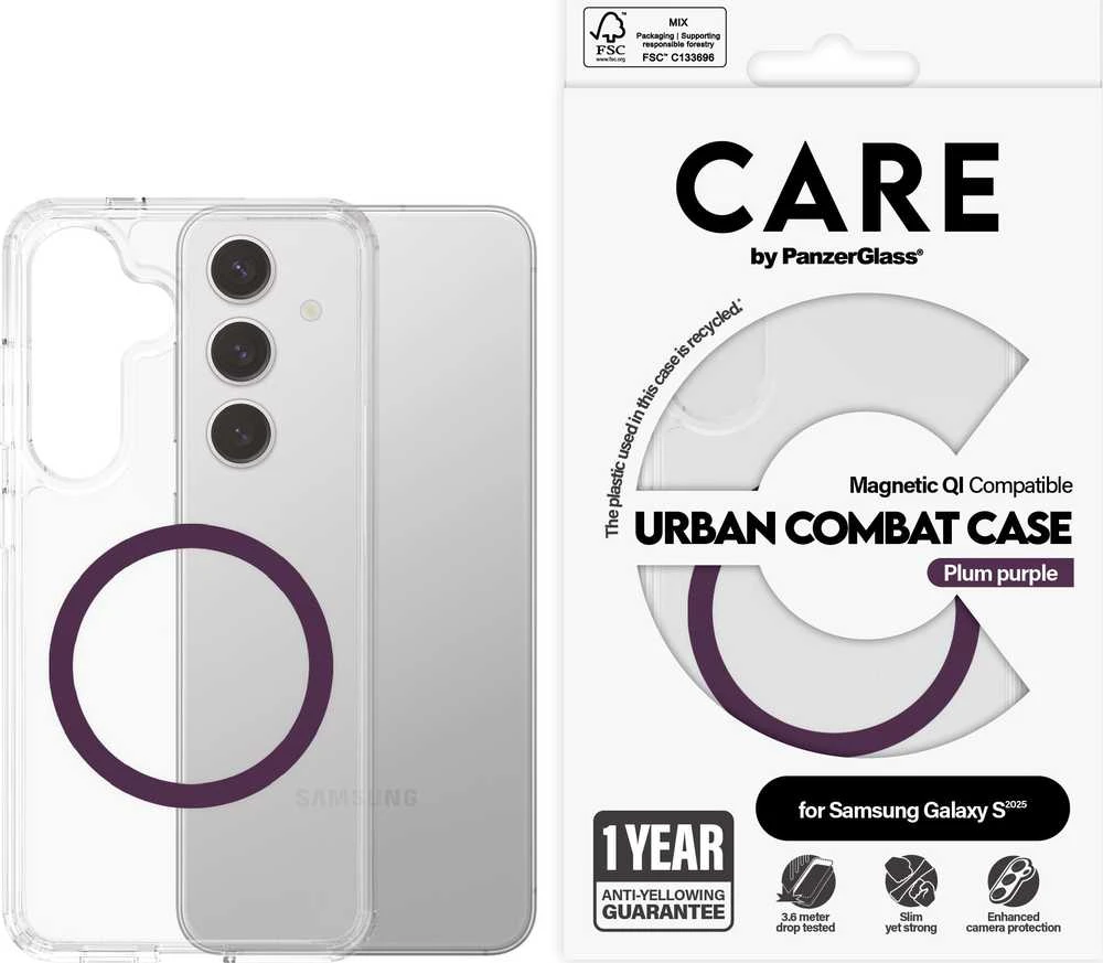 Dėklas Panzer Glass CARE by PanzerGlass Flagship Urban Combat Violetinė QI Samsung Galaxy S25 skaidrus