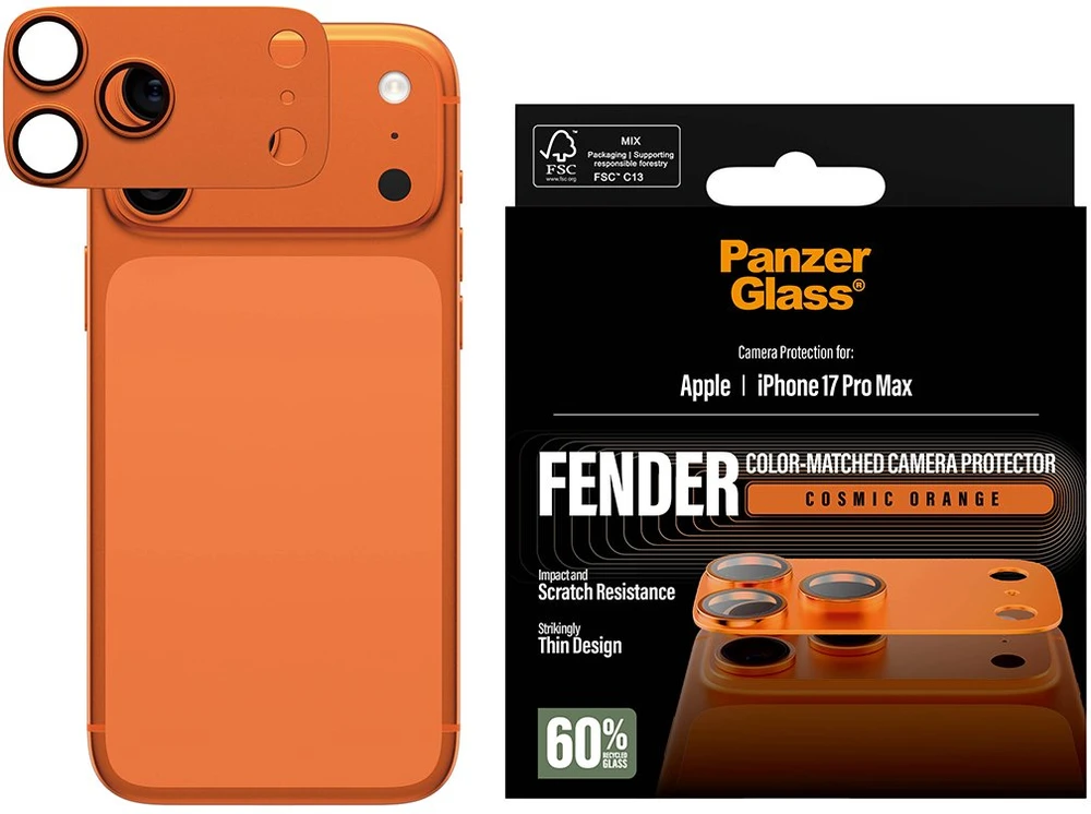 „Panzer Glass PanzerGlass Fender“ kameros apsauga su grūdinto stiklo lęšiu, skirta „iPhone 17 Pro Max“ - oranžinis