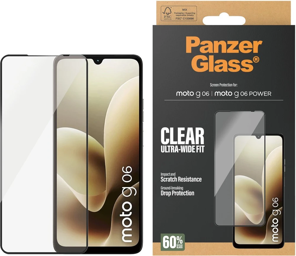 Panzer Glass „PanzerGlass“ itin plataus tvirtinimo grūdintas stiklas, skirtas „Motorola Moto G06“ / „Moto G06 POWER“.