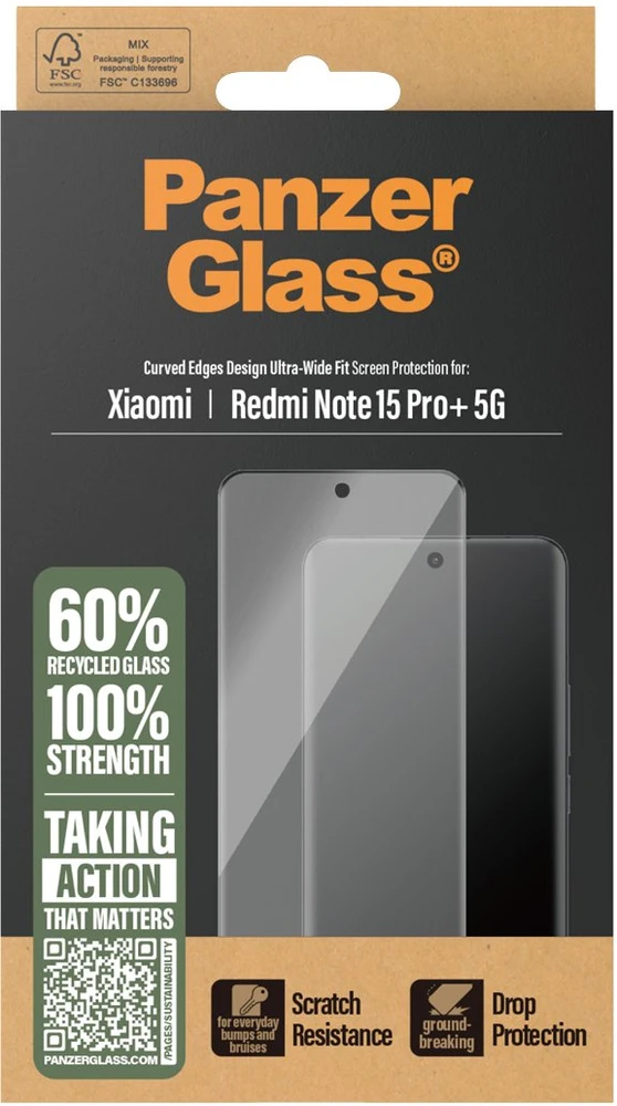 Panzer Glass „PanzerGlass“ itin plataus diagonalinio grūdinto stiklo dėklas, skirtas „Xiaomi Redmi Note 15 Pro+ 5G“ telefonui.