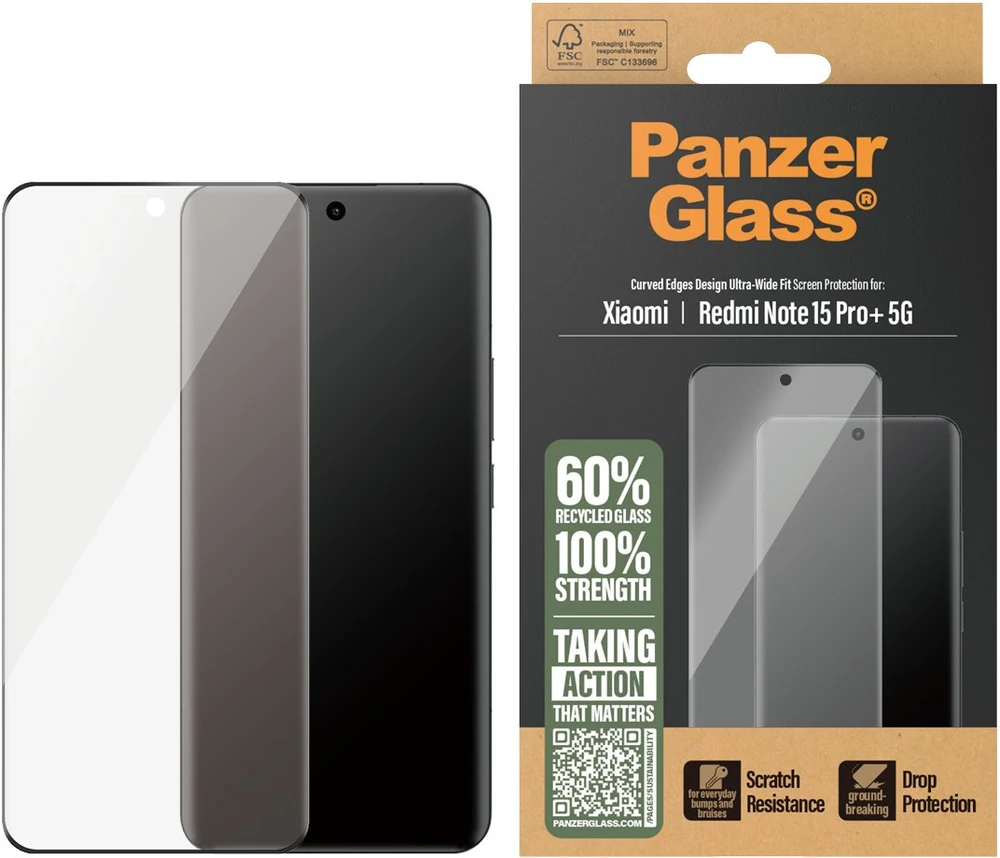 Panzer Glass „PanzerGlass“ itin plataus diagonalinio grūdinto stiklo dėklas, skirtas „Xiaomi Redmi Note 15 Pro+ 5G“ telefonui.