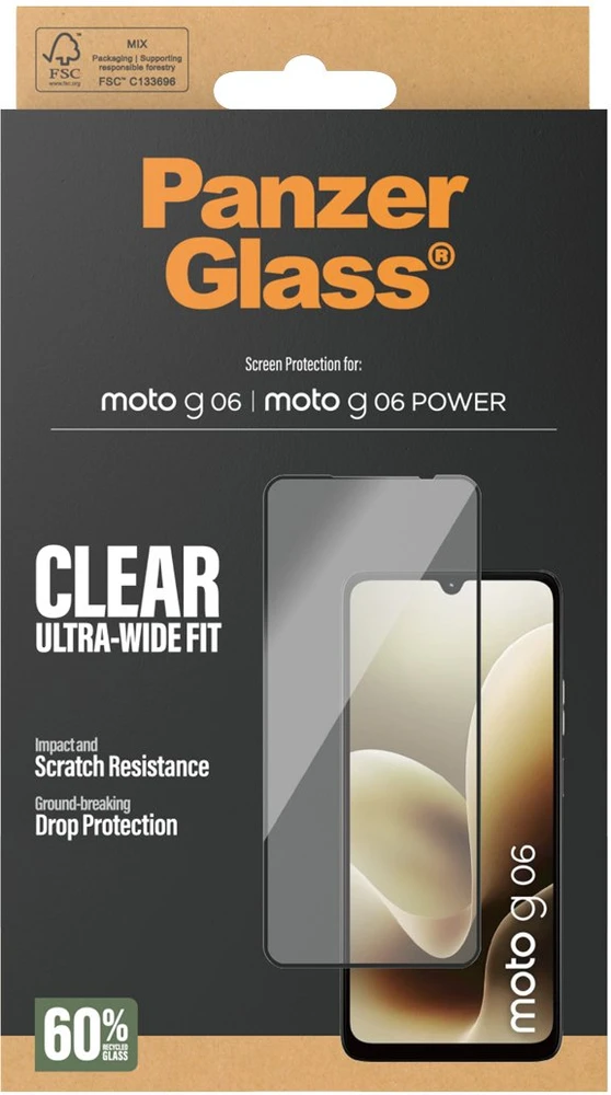 Panzer Glass „PanzerGlass“ itin plataus tvirtinimo grūdintas stiklas, skirtas „Motorola Moto G06“ / „Moto G06 POWER“.