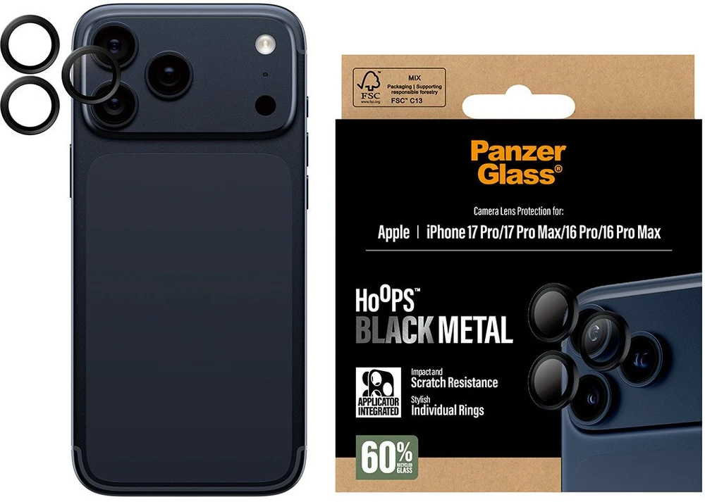 „Panzer Glass PanzerGlass Hoops“ grūdinto stiklo ekrano apsauga, skirta „iPhone 17 Pro / 17 Pro Max / 16 Pro / 16 Pro Max“ (juodas)