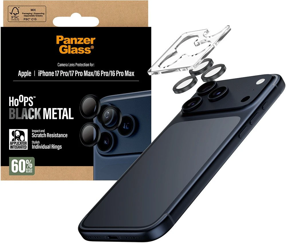 „Panzer Glass PanzerGlass Hoops“ grūdinto stiklo ekrano apsauga, skirta „iPhone 17 Pro / 17 Pro Max / 16 Pro / 16 Pro Max“ (juodas)