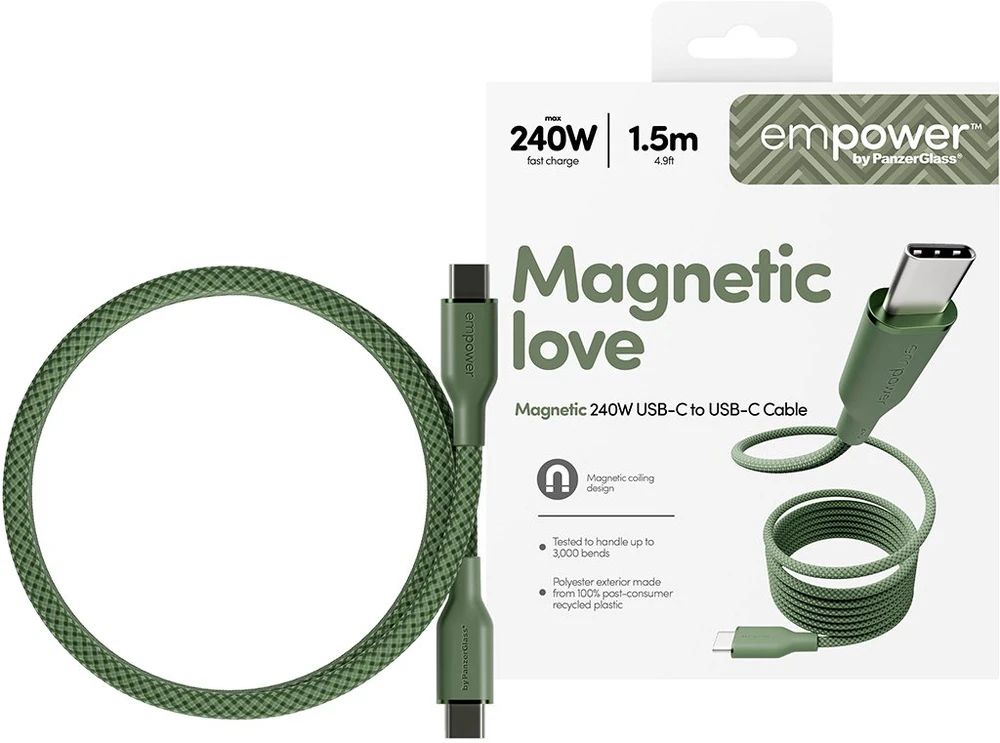 Panzer Glass Kabelis USB PanzerGlass Empower by Magnetic 240W USB-C do USB-C 1.5m žalia