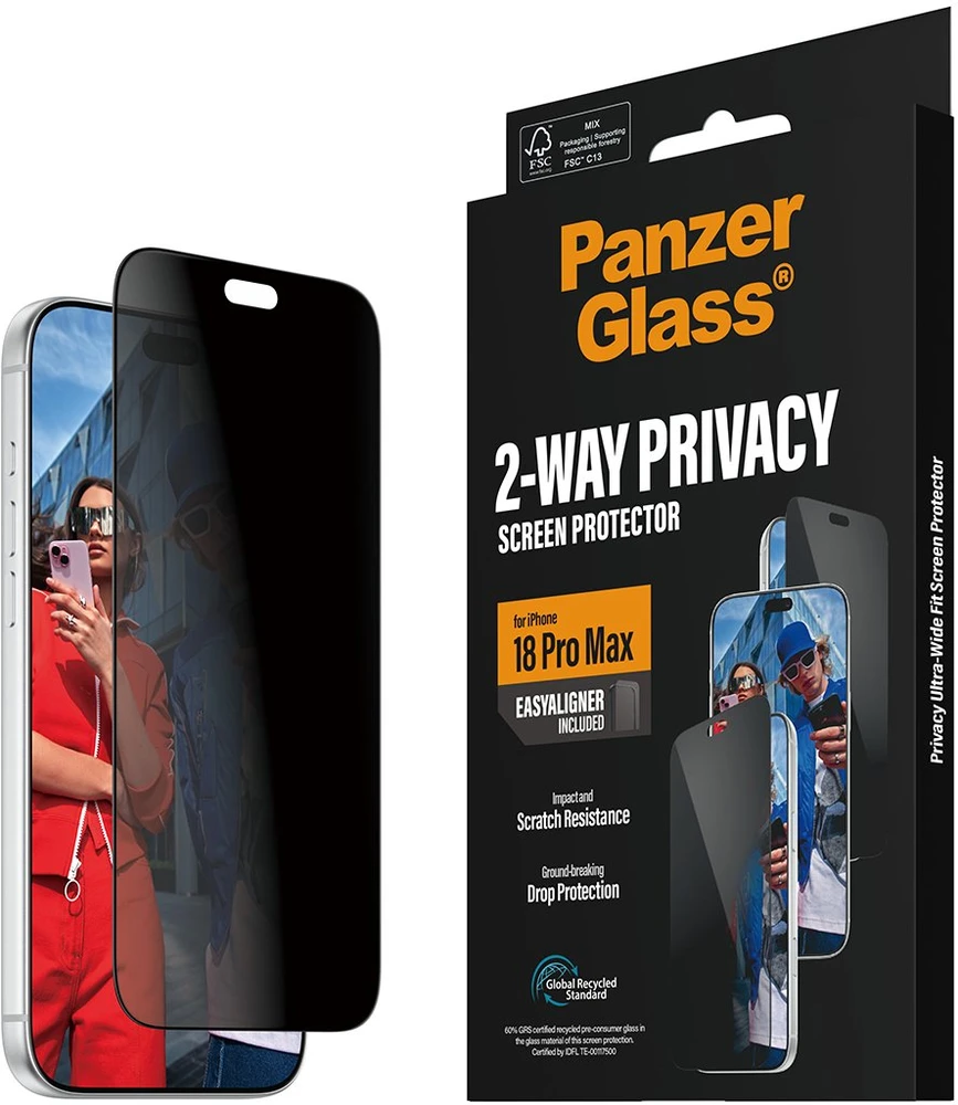 Panzer Glass PanzerGlass dvipusė privatumo ekrano apsauga Ultra-Wide Fit – privatumo stiklas, skirtas iPhone 18 Pro Max (PG37957)