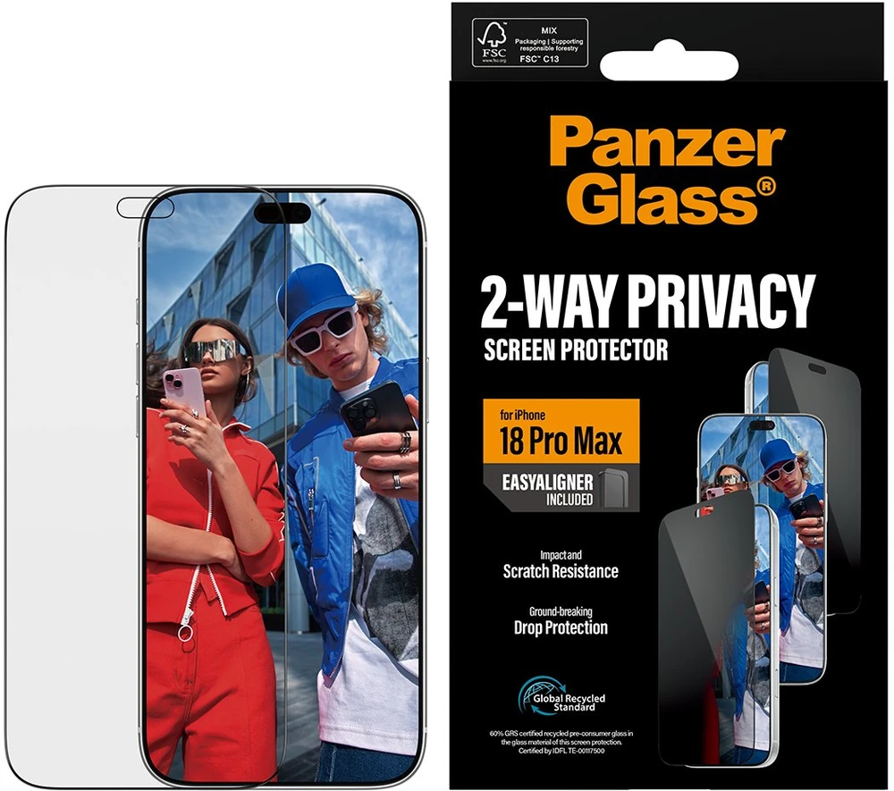 Panzer Glass PanzerGlass dvipusė privatumo ekrano apsauga Ultra-Wide Fit – privatumo stiklas, skirtas iPhone 18 Pro Max (PG37957)