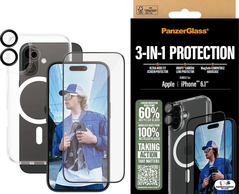 Panzer Glass PanzerGlass Bundle 3in1 Apple iPhone 16 6.1" D3O kietas dėklas + ekrano apsauga UWF+ objektyvas B1291+2861+1283