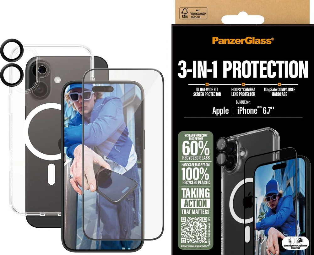 Panzer Glass PanzerGlass Bundle 3in1 Apple iPhone 16 Plus 6.7" D3O kietas dėklas + ekrano apsauga UWF+ objektyvas B1293+2863+1283