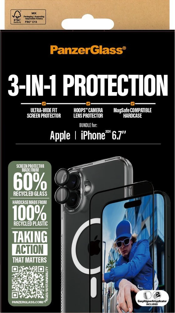 Panzer Glass PanzerGlass Bundle 3in1 Apple iPhone 16 Plus 6.7" D3O kietas dėklas + ekrano apsauga UWF+ objektyvas B1293+2863+1283
