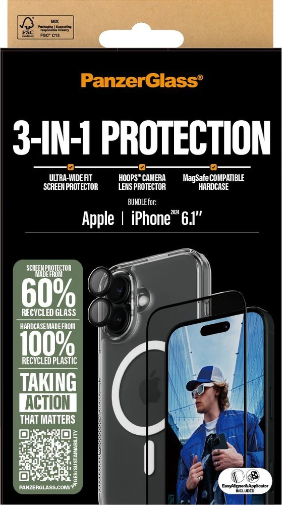 Panzer Glass PanzerGlass Bundle 3in1 Apple iPhone 16 6.1" D3O kietas dėklas + ekrano apsauga UWF+ objektyvas B1291+2861+1283
