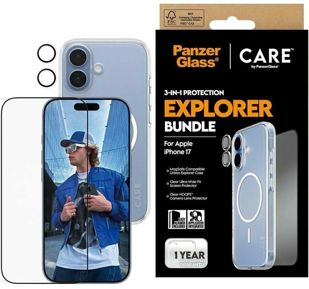 „Panzer Glass CARE by PanzerGlass Flagship Explorer 3in1“ dėklas + stiklas + objektyvas, skirtas „iPhone 17“