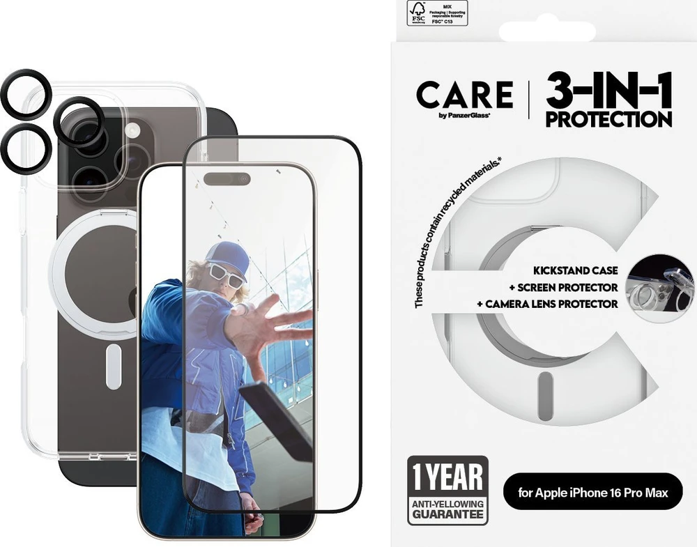 Panzer Glass „PanzerGlass CARE™ by ® 3-in-1“ keraminių dėklų rinkinys, skirtas „iPhone 16 Pro Max“, „Apple“, „Apple“ – „iPhone 16 Pro Max“, sausas klijavimas, atsparus įbrėžimams, atsparus smūgiams, permatomas, 1 vnt.