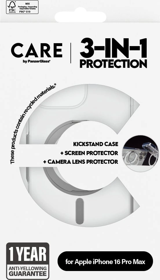 Panzer Glass „PanzerGlass CARE™ by ® 3-in-1“ keraminių dėklų rinkinys, skirtas „iPhone 16 Pro Max“, „Apple“, „Apple“ – „iPhone 16 Pro Max“, sausas klijavimas, atsparus įbrėžimams, atsparus smūgiams, permatomas, 1 vnt.