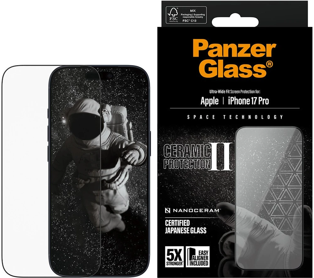 „Panzer Glass PanzerGlass Ceramic II“ itin plataus pritaikymo „EasyAligner“, skirtas „iPhone 17 Pro“