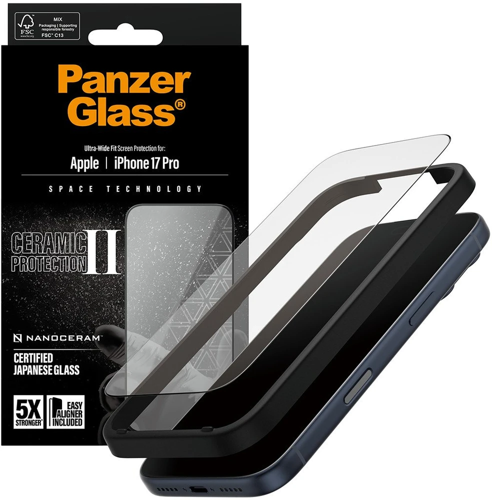 „Panzer Glass PanzerGlass Ceramic II“ itin plataus pritaikymo „EasyAligner“, skirtas „iPhone 17 Pro“
