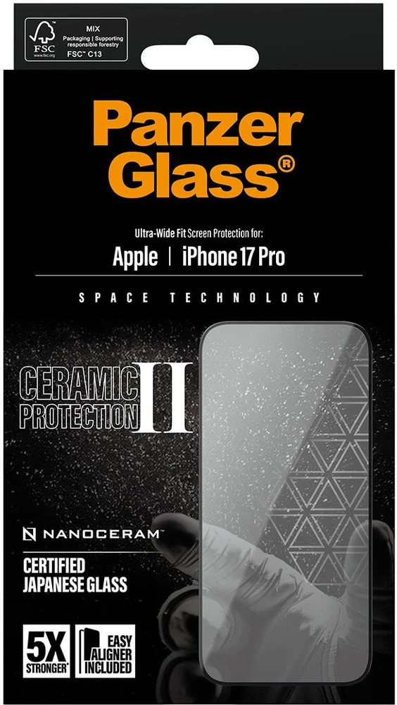 „Panzer Glass PanzerGlass Ceramic II“ itin plataus pritaikymo „EasyAligner“, skirtas „iPhone 17 Pro“