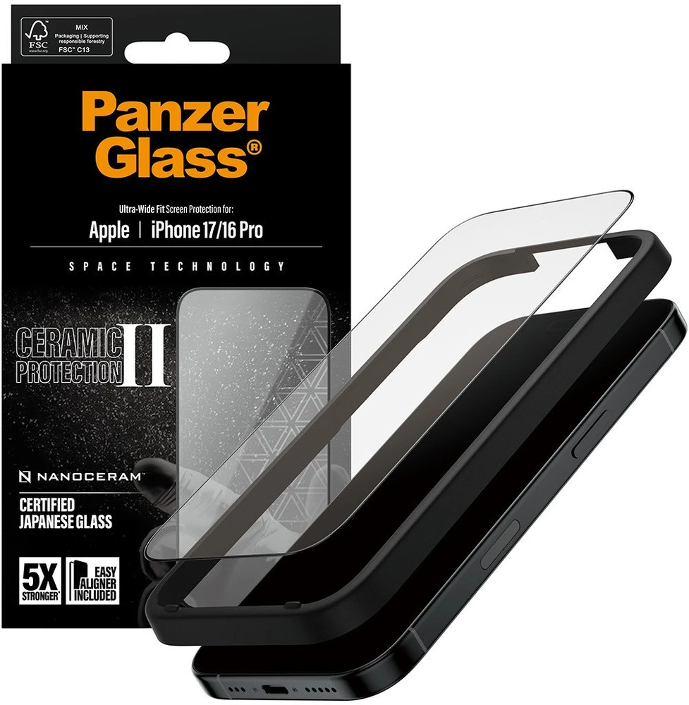 Panzer Glass „PanzerGlass Ceramic II“ itin plataus kampo grūdintas stiklas „EasyAligner“, skirtas „iPhone 16 / 16 Plus / 17“