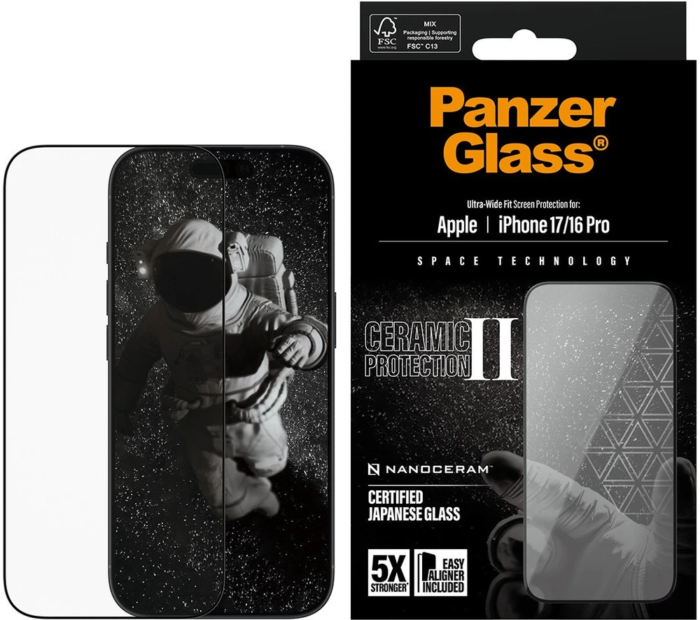 Panzer Glass „PanzerGlass Ceramic II“ itin plataus kampo grūdintas stiklas „EasyAligner“, skirtas „iPhone 16 / 16 Plus / 17“