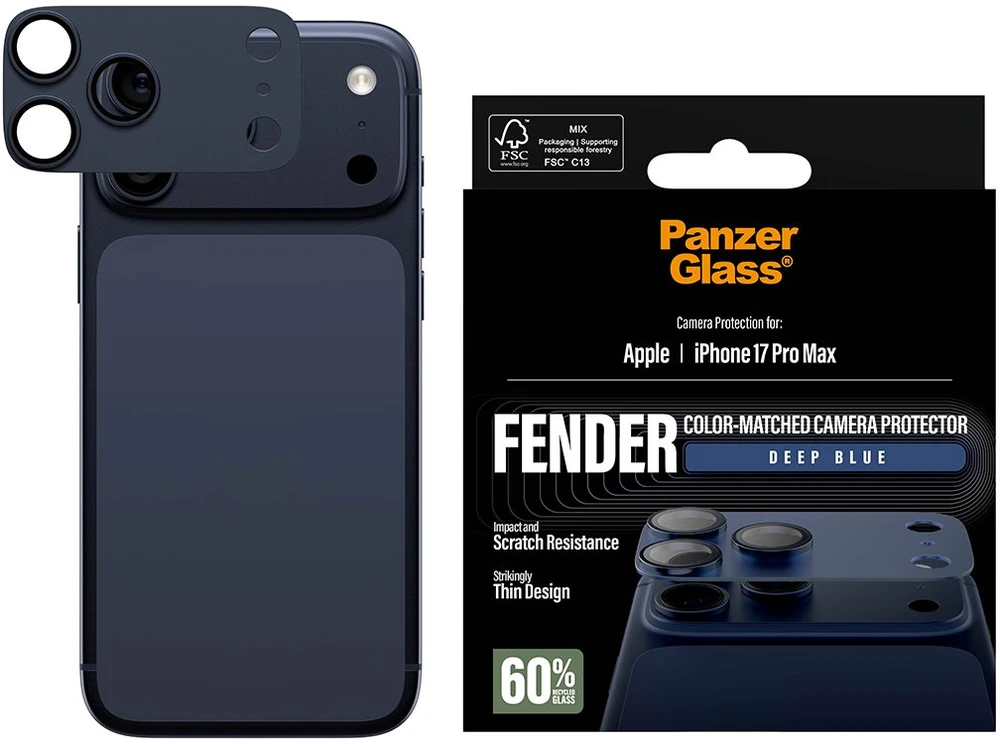 „Panzer Glass PanzerGlass Fender“ kameros apsauginis grūdinto stiklo objektyvo ekrano apsauginis dėklas, skirtas „iPhone 17 Pro Max“ - Mėlyna