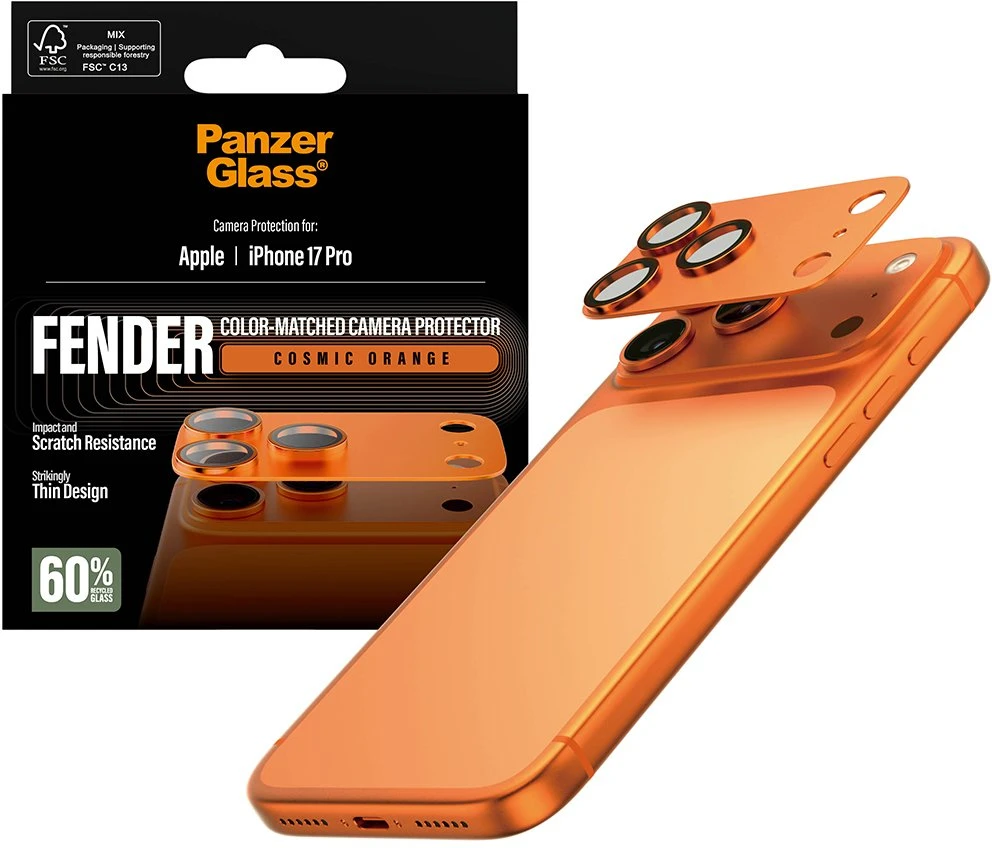 „Panzer Glass PanzerGlass Fender“ kameros apsauga su grūdinto stiklo lęšiu, skirta „iPhone 17 Pro“ - oranžinis