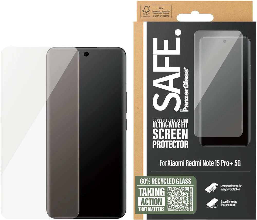 Panzer Glass „PanzerGlass SAFE“ itin plataus kampo grūdintas stiklas, skirtas „Xiaomi Redmi Note 15 Pro+ 5G“.