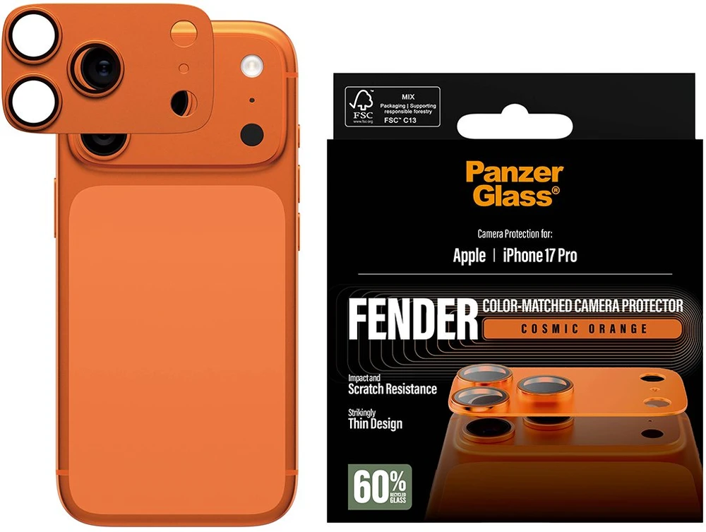 „Panzer Glass PanzerGlass Fender“ kameros apsauga su grūdinto stiklo lęšiu, skirta „iPhone 17 Pro“ - oranžinis