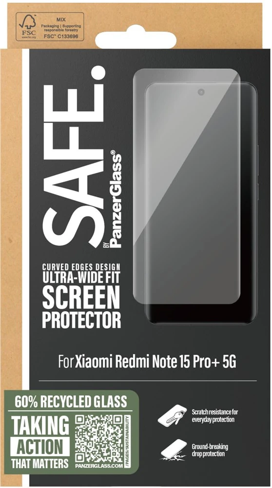 Panzer Glass „PanzerGlass SAFE“ itin plataus kampo grūdintas stiklas, skirtas „Xiaomi Redmi Note 15 Pro+ 5G“.