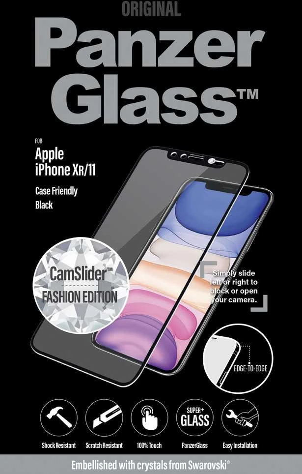 Panzer Glass PanzerGlass E2E Super+ grūdintas stiklas su fotoaparato dangteliu su Swarovski kristalu, skirtas iPhone XR / 11 - su juodu rėmeliu