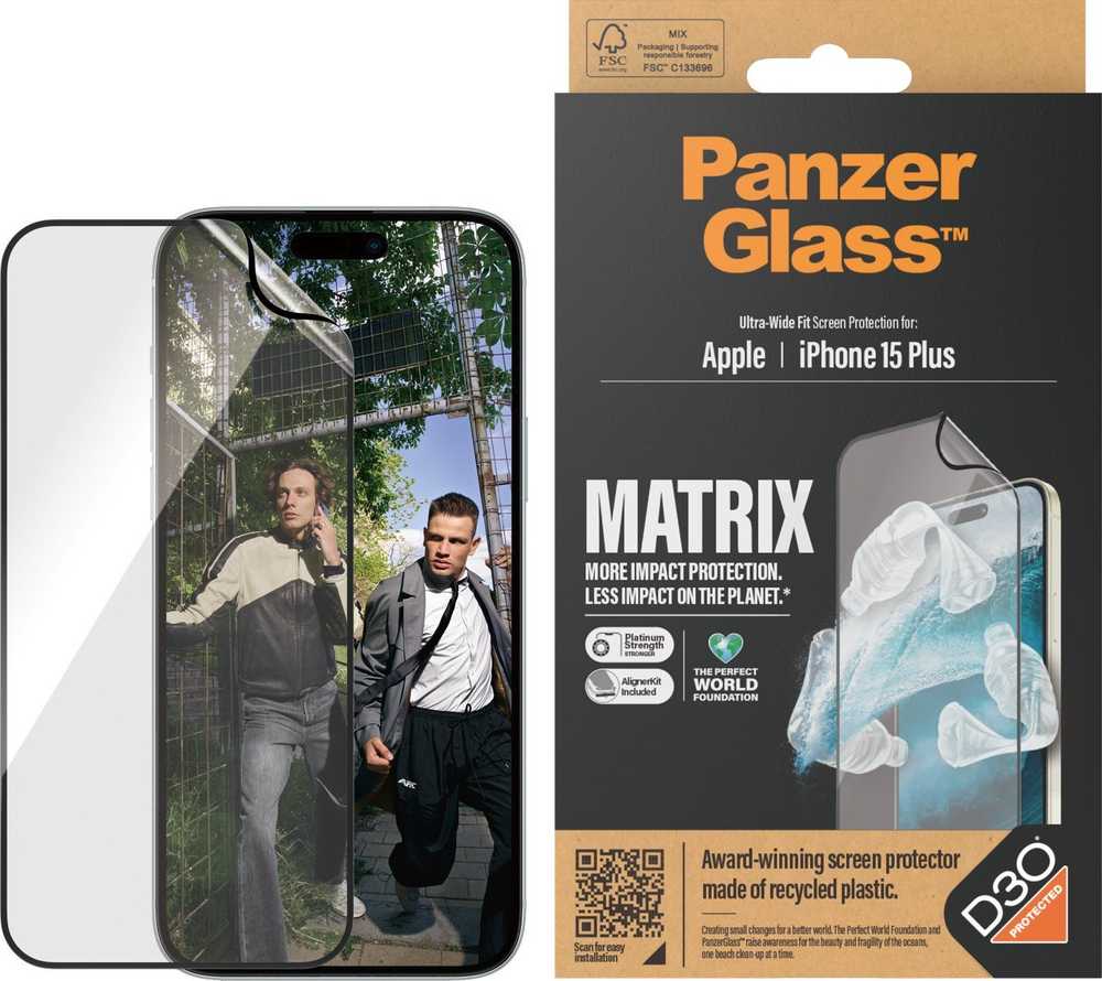 Panzer Glass PanzerGlass™ MATRIX ekrano apsauga su D3O iPhone 15 Plus | Itin platus pritaikymas w. AlignerKit