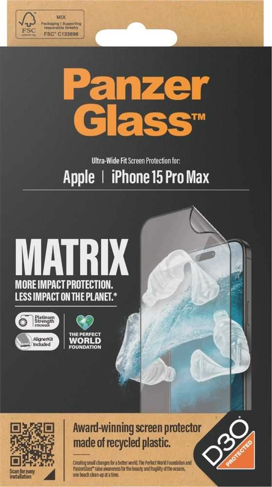 Panzer Glass PanzerGlass™ MATRIX ekrano apsauga su D3O iPhone 15 Pro Max | Itin platus pritaikymas w. AlignerKit
