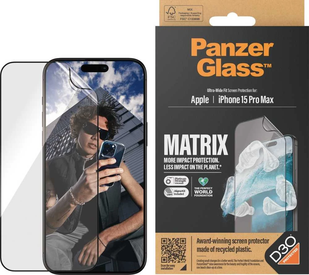 Panzer Glass PanzerGlass™ MATRIX ekrano apsauga su D3O iPhone 15 Pro Max | Itin platus pritaikymas w. AlignerKit