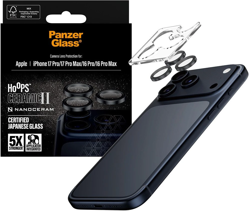 „Panzer Glass PanzerGlass Hoops Ceramic II“ kameros objektyvo stiklas, skirtas „iPhone 17 Pro / 17 Pro Max / 16 Pro / 16 Pro Max“ - Juodas