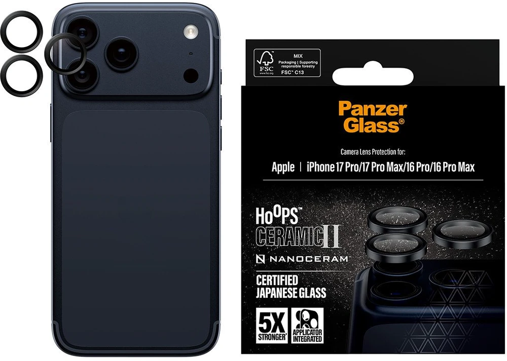 „Panzer Glass PanzerGlass Hoops Ceramic II“ kameros objektyvo stiklas, skirtas „iPhone 17 Pro / 17 Pro Max / 16 Pro / 16 Pro Max“ - Juodas