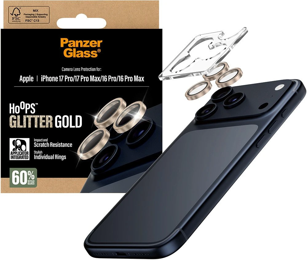 Panzer Glass Grūdintas stiklas na objektyvas PanzerGlass Hoops Glitter do iPhone 17 Pro / 17 Pro Max / 16 Pro / 16 Pro Max auksinė