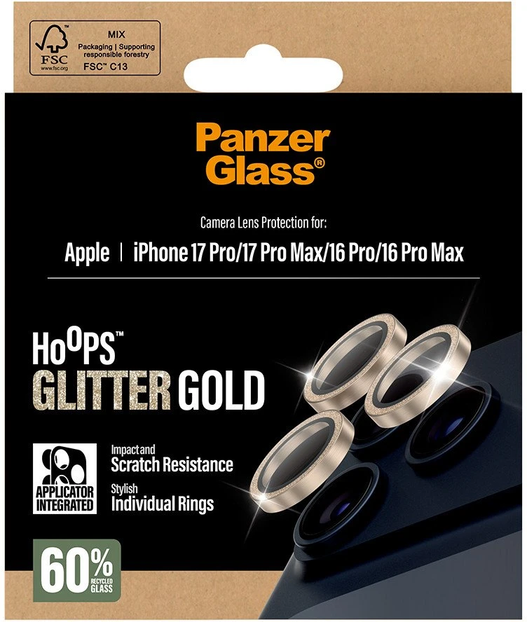 Panzer Glass Grūdintas stiklas na objektyvas PanzerGlass Hoops Glitter do iPhone 17 Pro / 17 Pro Max / 16 Pro / 16 Pro Max auksinė