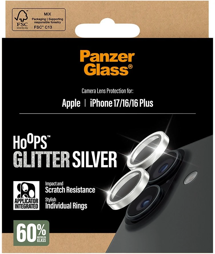 Panzer Glass Grūdintas stiklas na objektyvas PanzerGlass Hoops Glitter do iPhone 17 / 16 / 16 Plus sidabrinė