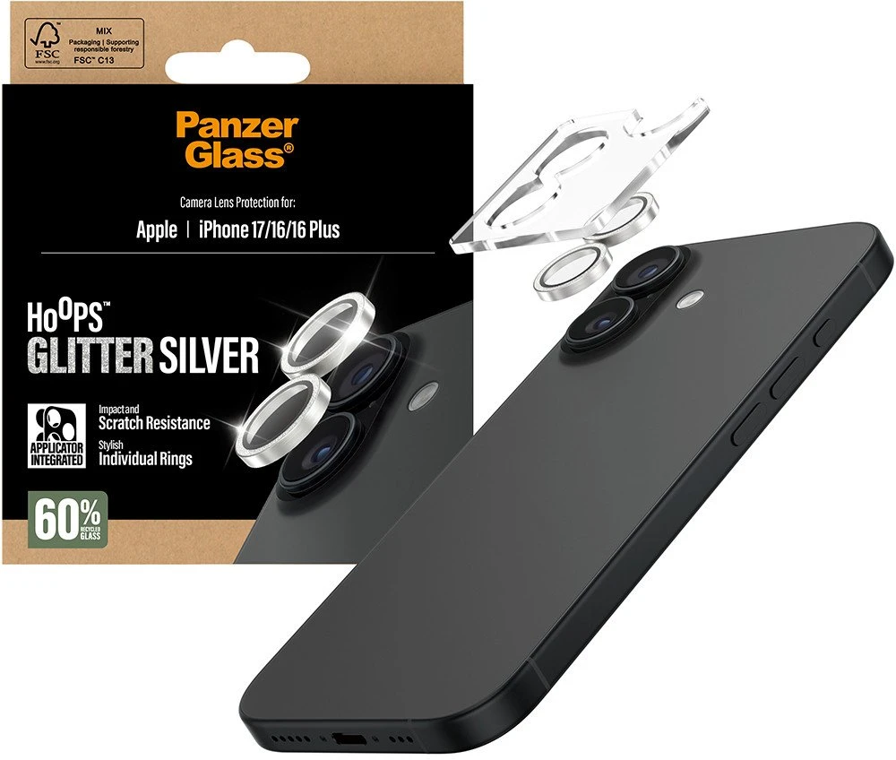 Panzer Glass Grūdintas stiklas na objektyvas PanzerGlass Hoops Glitter do iPhone 17 / 16 / 16 Plus sidabrinė