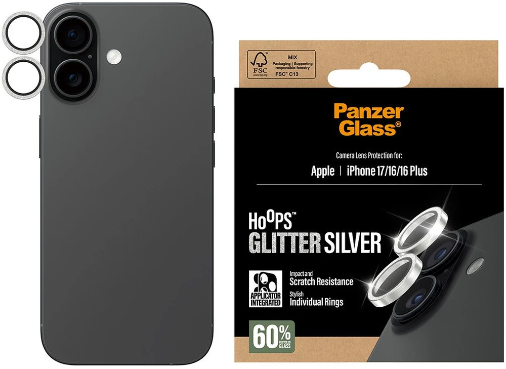 Panzer Glass Grūdintas stiklas na objektyvas PanzerGlass Hoops Glitter do iPhone 17 / 16 / 16 Plus sidabrinė