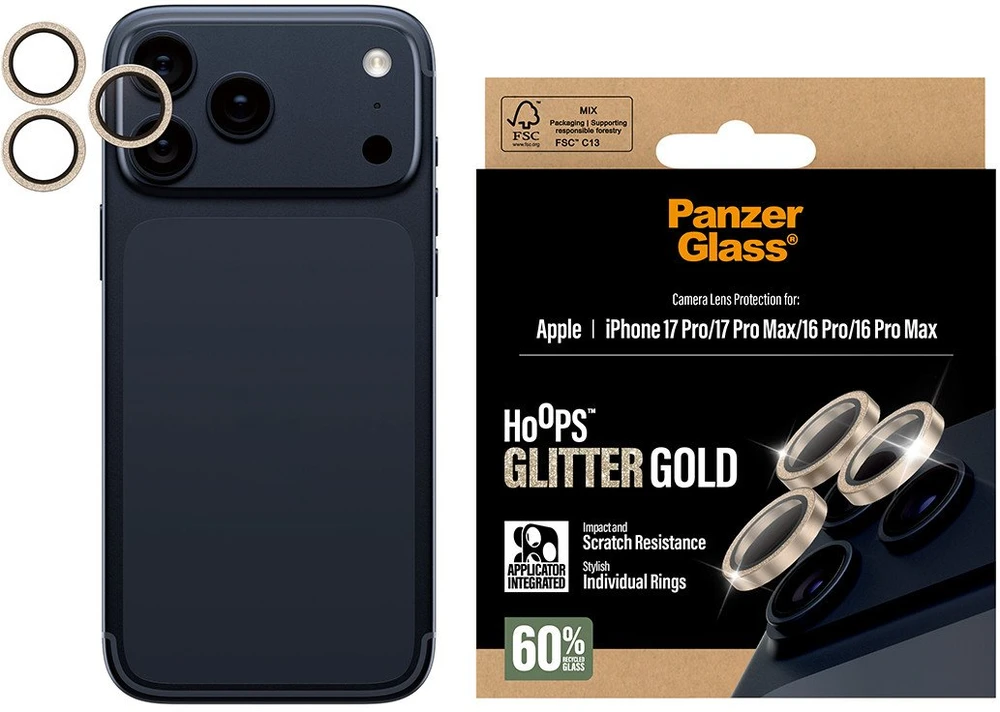 Panzer Glass Grūdintas stiklas na objektyvas PanzerGlass Hoops Glitter do iPhone 17 Pro / 17 Pro Max / 16 Pro / 16 Pro Max auksinė
