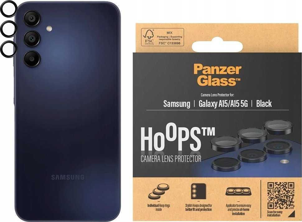 Panzer Glass Apsauginis stiklas 5D Samsung Galaxy A15 4G / 5G PanzerGlass Hoops kameros apsauga Hoop Optic Rings juodos spalvos