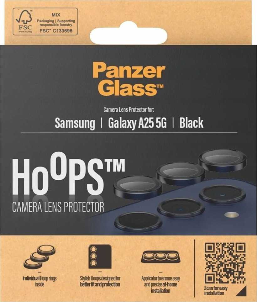 Panzer Glass Apsauginis stiklas 5D Samsung Galaxy A25 5G PanzerGlass Hoops kameros apsauga Hoop Optic Rings juodos spalvos