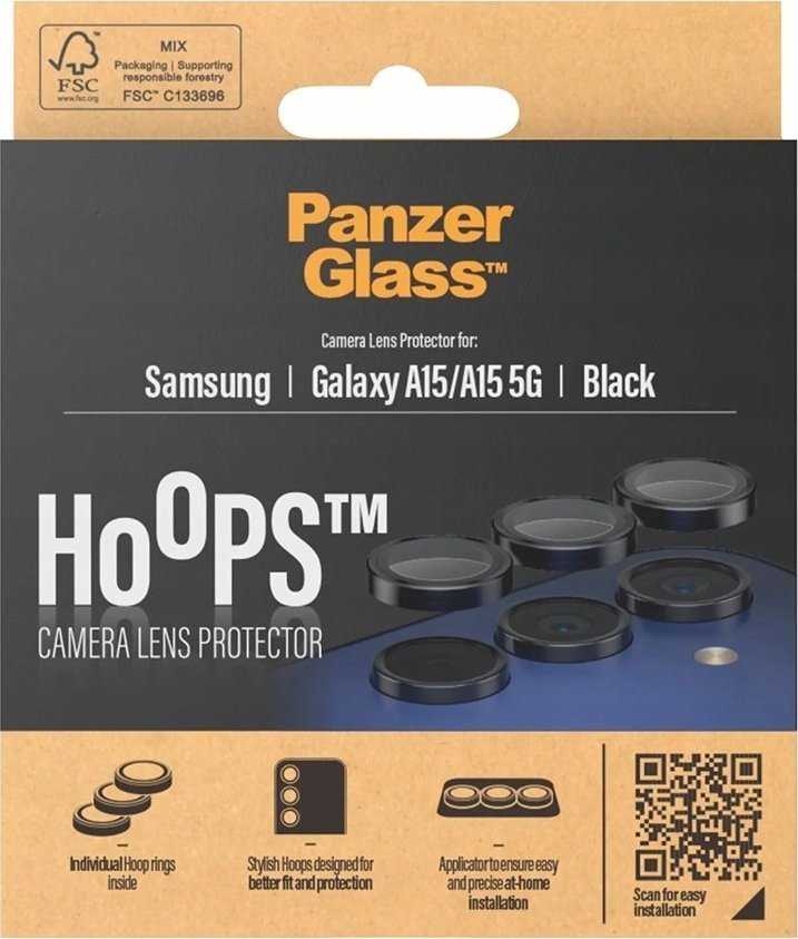 Panzer Glass Apsauginis stiklas 5D Samsung Galaxy A15 4G / 5G PanzerGlass Hoops kameros apsauga Hoop Optic Rings juodos spalvos