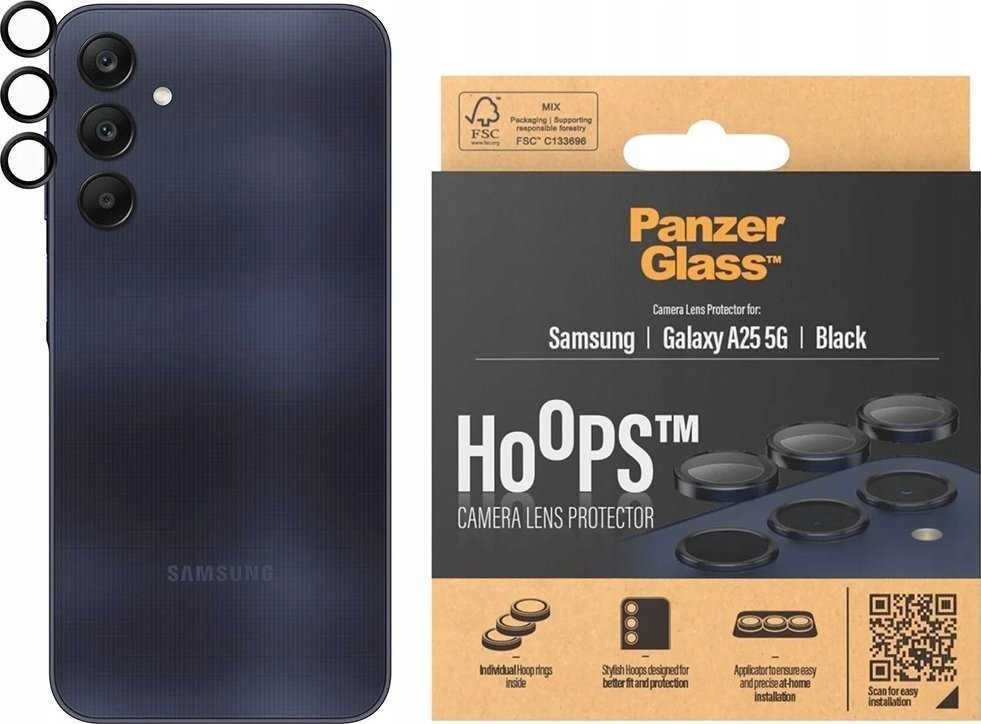 Panzer Glass Apsauginis stiklas 5D Samsung Galaxy A25 5G PanzerGlass Hoops kameros apsauga Hoop Optic Rings juodos spalvos