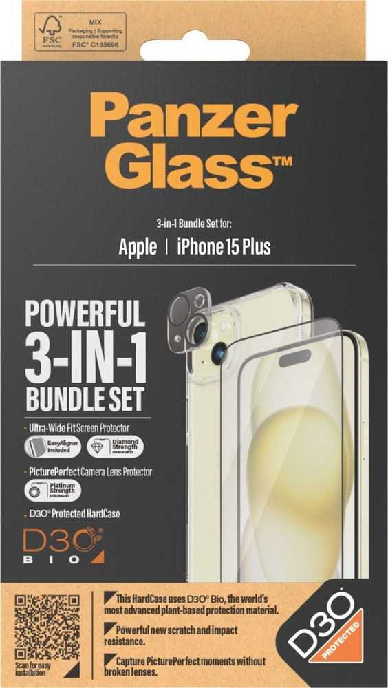 Panzer Glass PanzerGlass Bundle 3in1 set dėklas telefonui skaidrus + plėvelė + kameros apsauga Apple iPhone 15 Plus