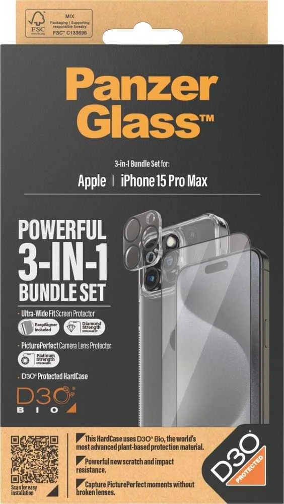 Panzer Glass PanzerGlass Bundle 3in1 set dėklas telefonui skaidrus + plėvelė + kameros apsauga Apple iPhone 15 Pro Max