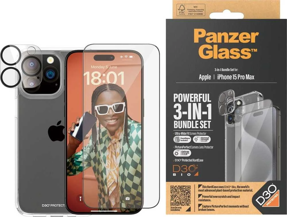 Panzer Glass PanzerGlass Bundle 3in1 set dėklas telefonui skaidrus + plėvelė + kameros apsauga Apple iPhone 15 Pro Max