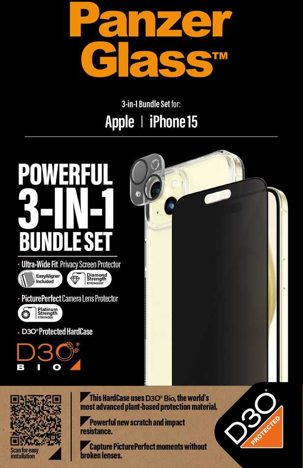 Panzer Glass PanzerGlass Privacy Bundle 3in1 dėklas telefonui skaidrus + privacy glass + kameros apsauga Apple iPhone 15