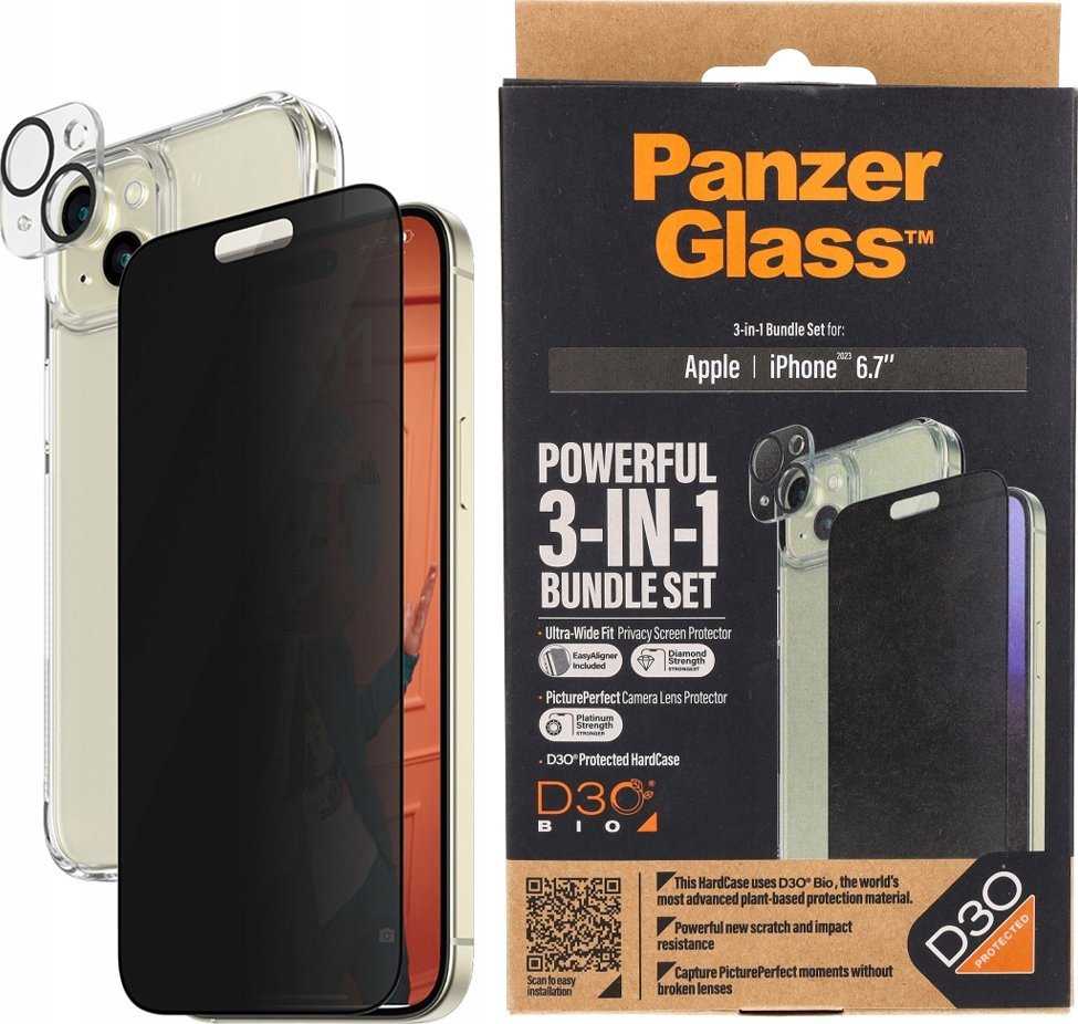 Panzer Glass PanzerGlass Privacy Bundle 3in1 dėklas telefonui skaidrus + Privacy Glass + kameros apsauga Apple iPhone 15 Plus