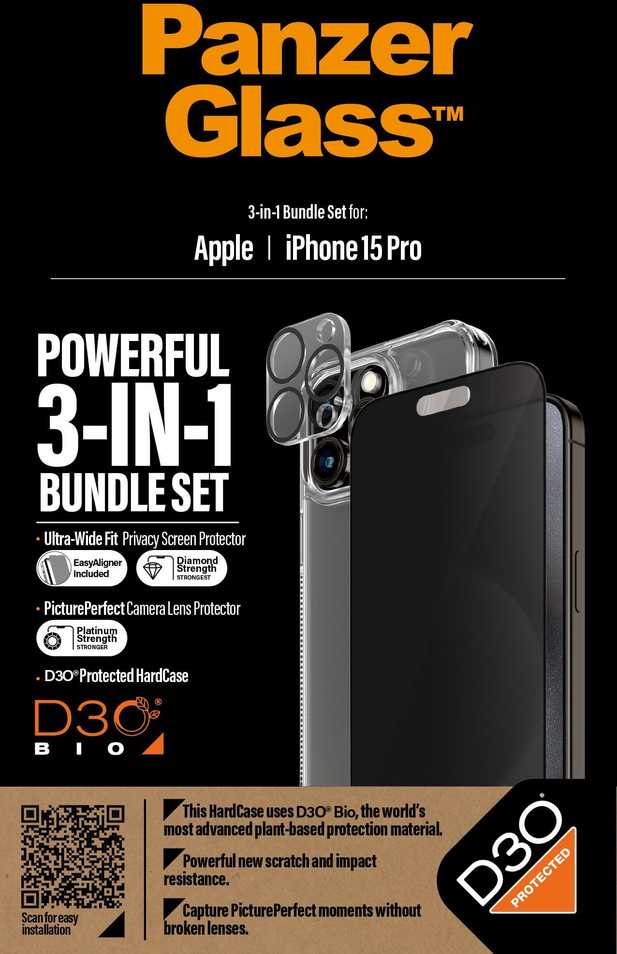 Panzer Glass PanzerGlass Privacy Bundle 3in1 dėklas telefonui skaidrus Case + Privacy Glass + Camera Protector Apple iPhone 15 Pro